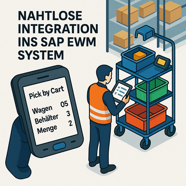 Scanner Mit Pick by Cart Information, Mitarbeiter vor einem Rollwagen in einem Logistik-Unternehmen