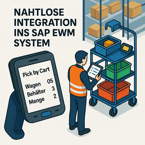 Scanner Mit Pick by Cart Information, Mitarbeiter vor einem Rollwagen in einem Logistik-Unternehmen